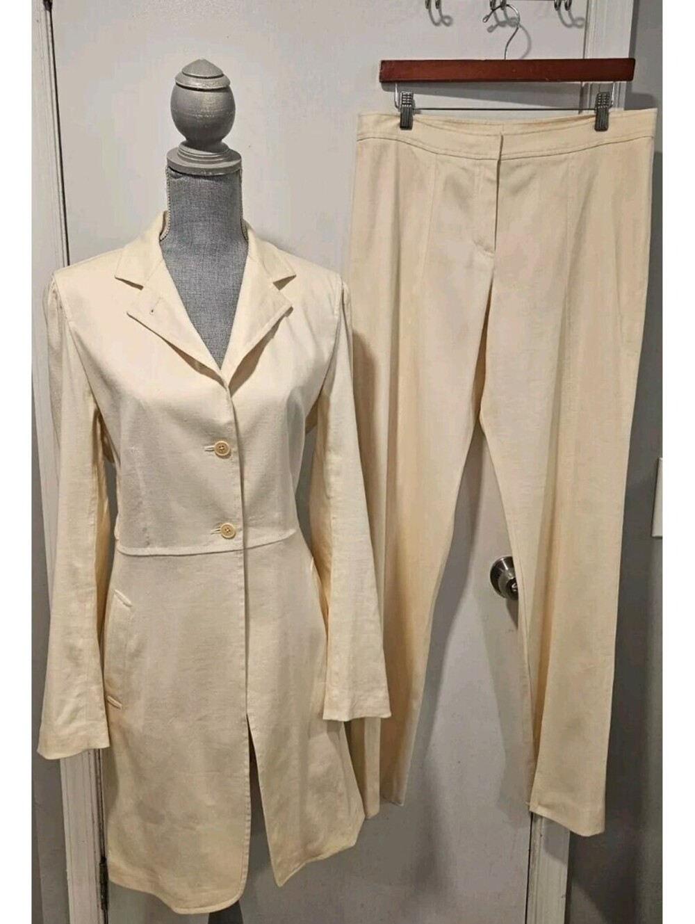 DKNY Size 12 Ivory Cream Linen Pant Suit Duster Jacket Vintage Blazer 90s
